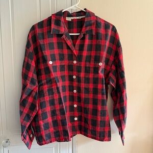 Anne Klein II Red and Black Plaid Button down Shirt 100% Linen Size 12